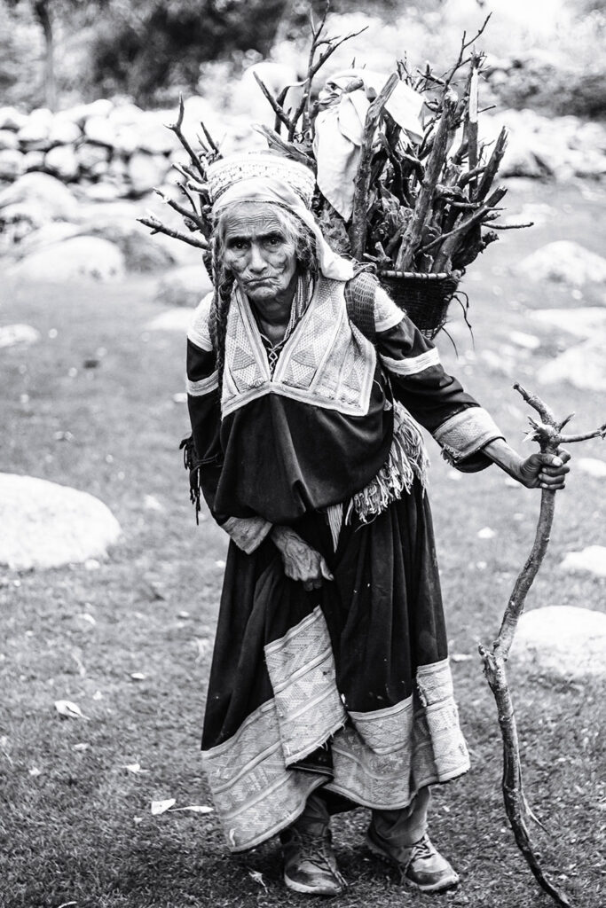 grayscale photography of woman carrying branches 3103375